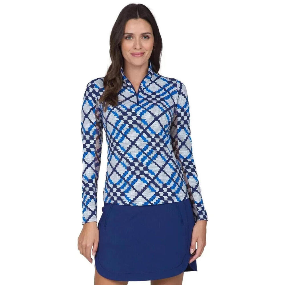$100 IBKUL Sonika Blue Navy Long Sleeve Mock Golf Shirt Ladies XS Sun Shirt NWT